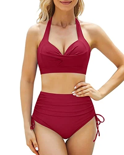 Adjustable Self Tie Halter Tummy Control Bikini Set For Women-Red Disco