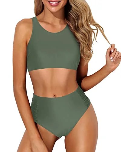 Racerback High Waisted Bikini Set For Mothers And Large Breasted Women-Olive Green performance Racerback High Waisted Bikini Set For Mothers And Large Breasted Women-Olive Green performance