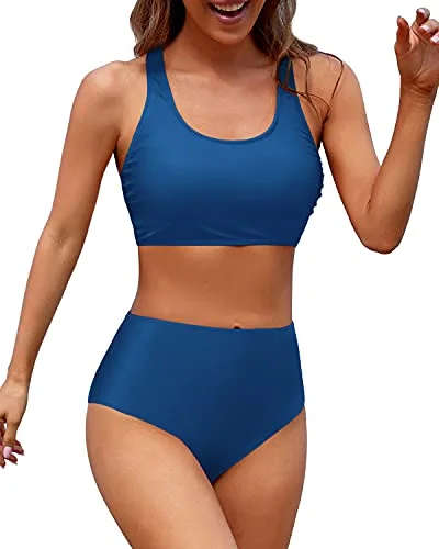Sporty Criss Cross Back Two Piece Bikini Sports Crop Top Swimsuit-Blue Vacation