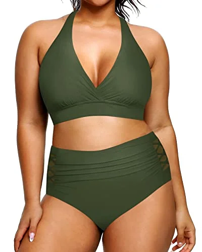 Plus Size Tummy Control Women's Two Piece Halter Bikini Swimsuit-Army Green Modern Women's Tech Plus Size Tummy Control Women's Two Piece Halter Bikini Swimsuit-Army Green Modern Women's Tech