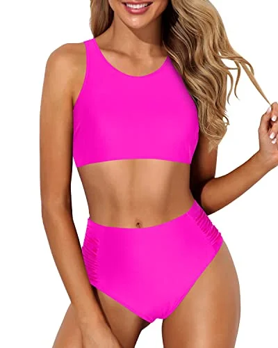 Sporty High Waisted Two Piece Bikini Set For Teen Girls-Neon Pink Monochromatic All - in - one Sporty High Waisted Two Piece Bikini Set For Teen Girls-Neon Pink Monochromatic All - in - one