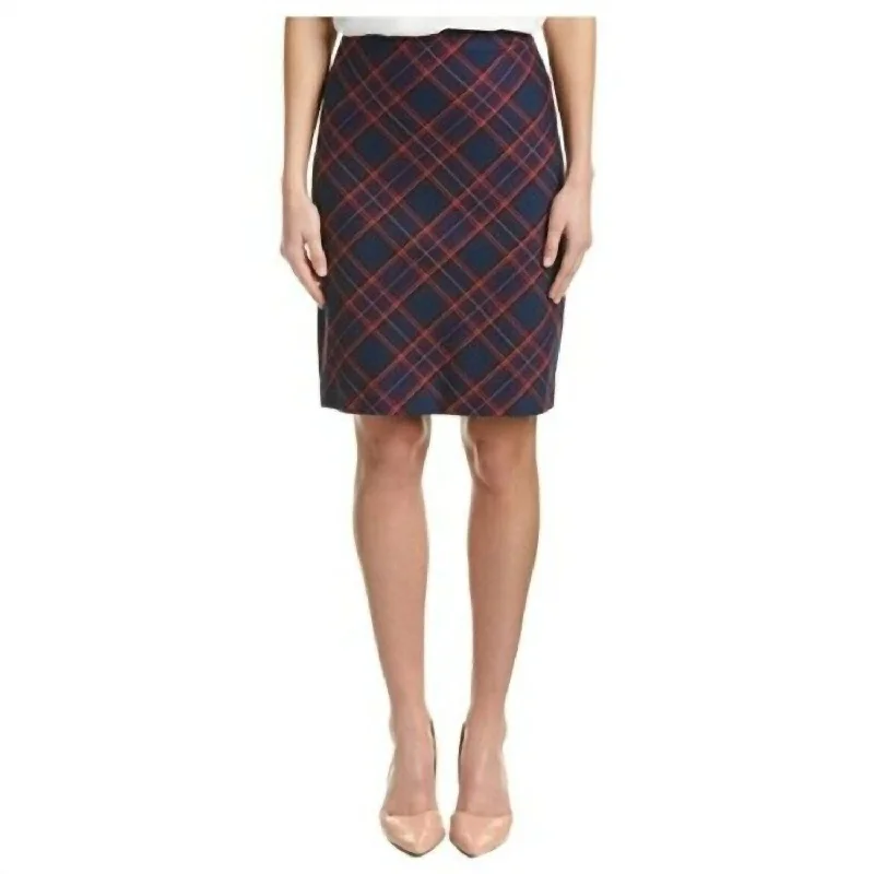 Crissy Pencil Tartan Plaid Midi Skirt In Navy Blue, Pink Luxurious Women's High -  end