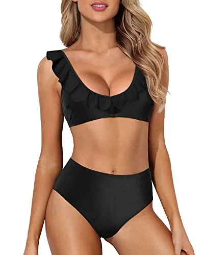 Ruffle Two Piece Bikini Sets Swimsuit High Waisted Bathing Suit-Black Monochromatic Office Style Ruffle Two Piece Bikini Sets Swimsuit High Waisted Bathing Suit-Black Monochromatic Office Style