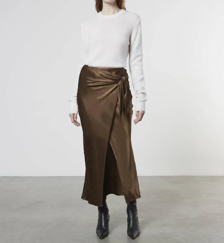 Satin Wrap Skirt In Saddle Brown Geometric