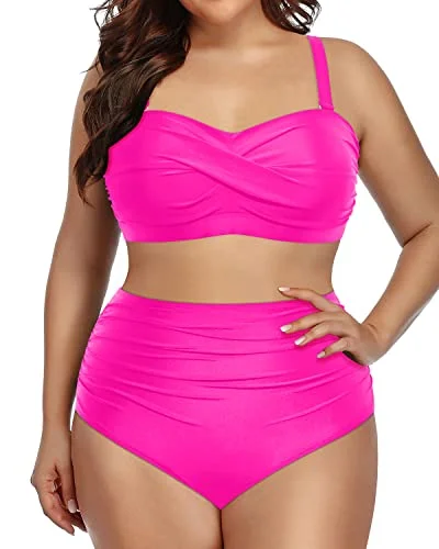 Women's Plus Size Two Piece Bandeau Bikini Tummy Control Swimwear-Neon Pink Refined Women's Velvet Women's Plus Size Two Piece Bandeau Bikini Tummy Control Swimwear-Neon Pink Refined Women's Velvet