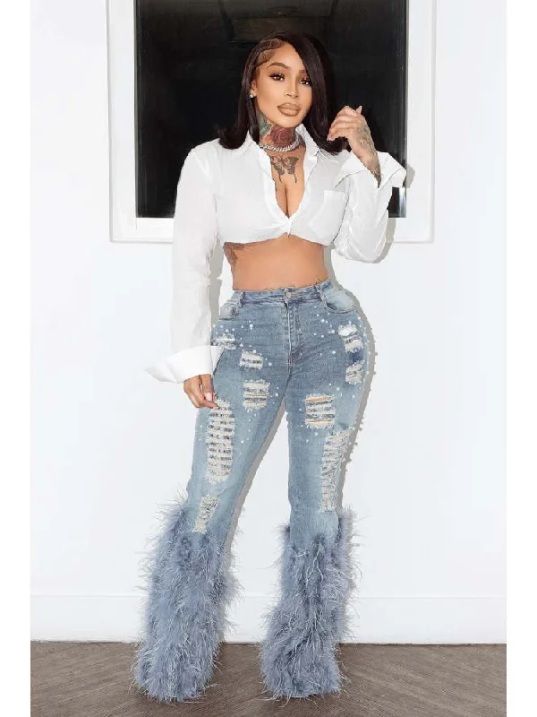 Wear Out Feather Faux Pearl Bodycon Plus Size Jeans Sporty Women's Tennis