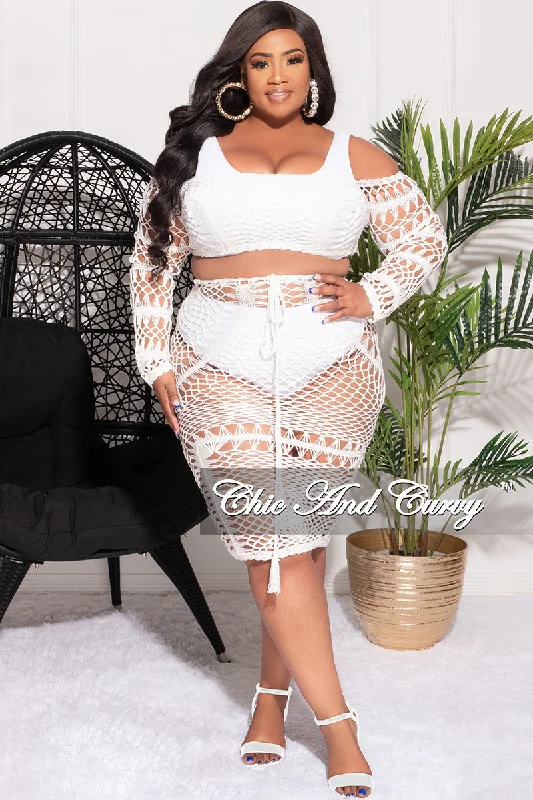 Final Sale Plus Size 2pc Crochet Crop Top and Skirt Set in White Practical Women's Quick - dry