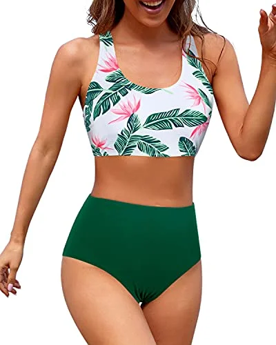 Crop Top High Waisted Two Piece Bikini Sports Crop Top Swimsuit For Teen Girls-Green Tropical Floral Country Crop Top High Waisted Two Piece Bikini Sports Crop Top Swimsuit For Teen Girls-Green Tropical Floral Country