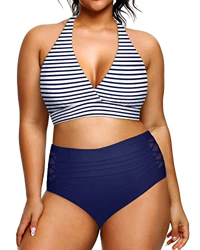 High Waisted Plus Size Swimsuits Ruched Bottoms For Curvy Women-Blue White Stripe Gym High Waisted Plus Size Swimsuits Ruched Bottoms For Curvy Women-Blue White Stripe Gym