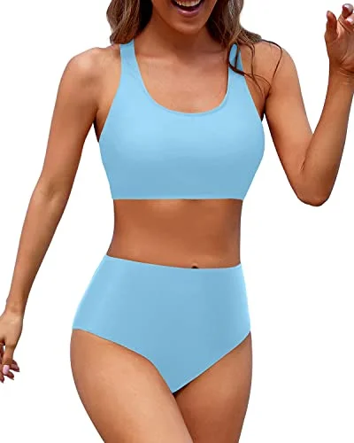 High Cut Legs Women High Waisted Two Piece Bikini Sports Crop Top Swimsuit-Blue Scandinavian