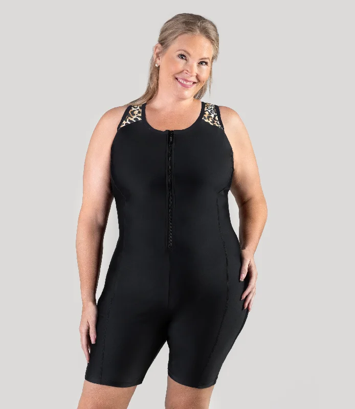 QuikEnergy Racerback Zip Front Aquatard Leopard Print Black Modern Women's 