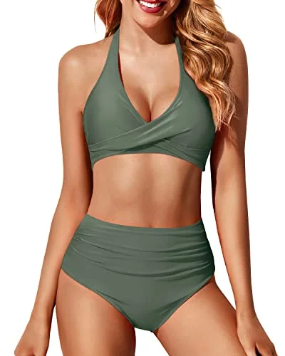 Twist Front Halter Bikini Set With High Waisted Bottoms For Women-Olive Green Australian Beach Twist Front Halter Bikini Set With High Waisted Bottoms For Women-Olive Green Australian Beach