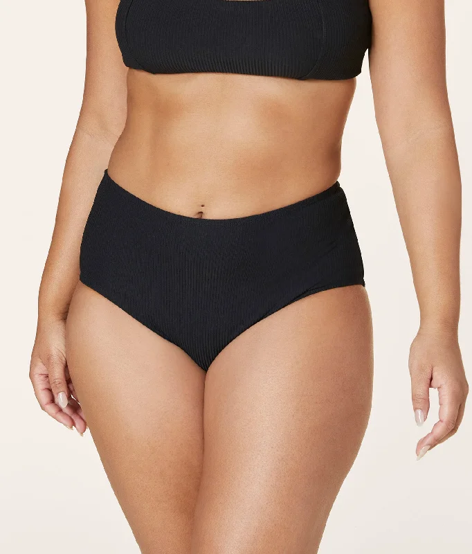 The High Waist Bikini Bottom - Eco Ribbed - Black Dapper Women's Bow - adorned