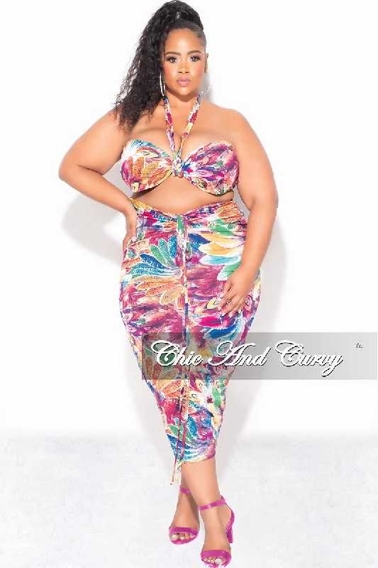 Final Sale Plus Size 2pc Halter Top and Ruched Skirt Set in Floral Multi Color Print Summer Cozy Women's Winter Final Sale Plus Size 2pc Halter Top and Ruched Skirt Set in Floral Multi Color Print Summer Cozy Women's Winter