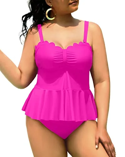 Two Piece Peplum Swimwear For Women Plus Size Scalloped Swimsuits-Neon Pink Youthful Women's Anime - inspired Two Piece Peplum Swimwear For Women Plus Size Scalloped Swimsuits-Neon Pink Youthful Women's Anime - inspired