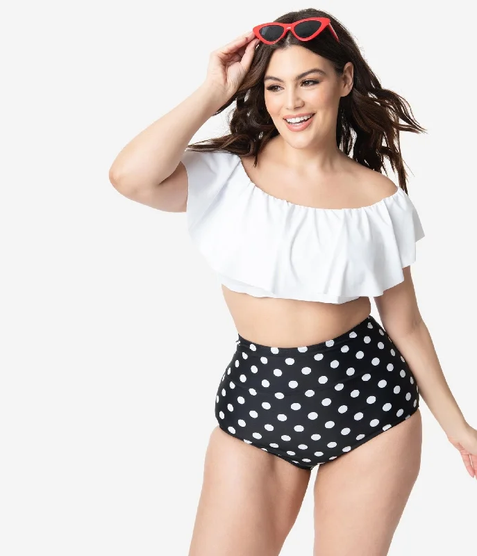 Unique Vintage Plus Size White Ruffled Ramona Swim Top Trendy Women's Oversized