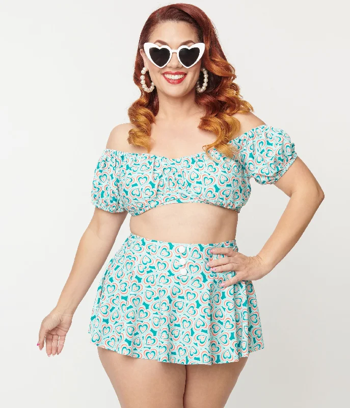 Unique Vintage Plus Size 1940s Turquoise Retro Hearts Off The Shoulder Swim Top Artistic Women's Avant - 