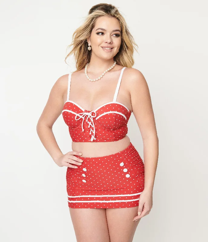 Unique Vintage Red Pin Dot Lace Up Swim Top Cashmere