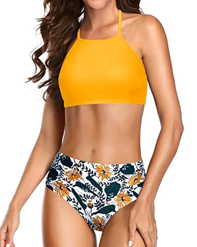 Triangle Bathing Suit With Tie Side String For Women Bikini-Yellow Floral Classic Women's Tweed Triangle Bathing Suit With Tie Side String For Women Bikini-Yellow Floral Classic Women's Tweed