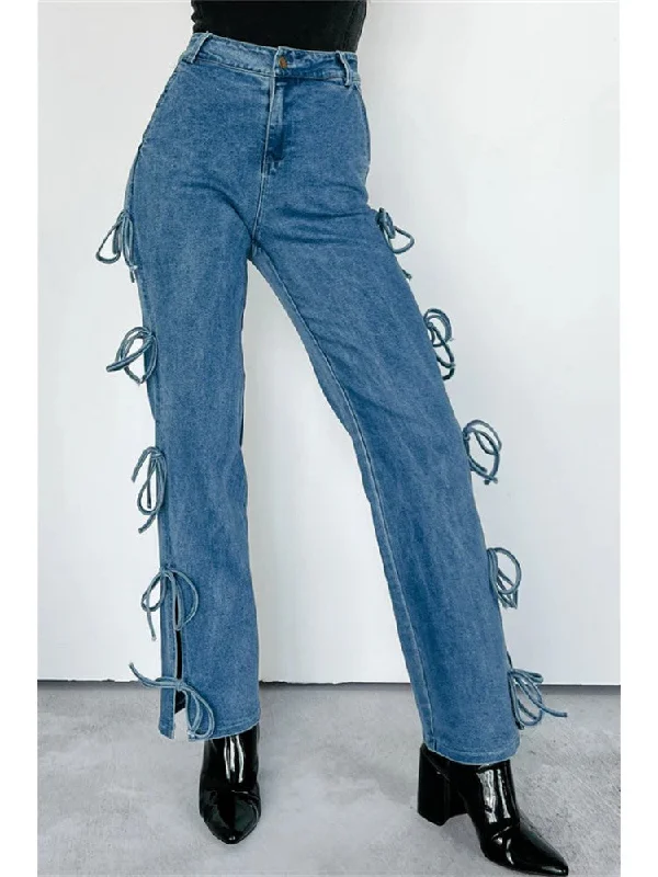 Denim Lace Up Bow Patchwork Straight Jeans Women