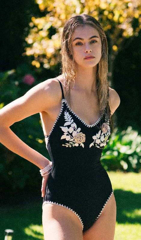 ELIZABETH Embroidered V-Neck One Piece Swimsuit Refined Women's Hand - crafted