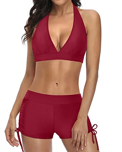 Elastic Two Piece Swimsuit With Push Up Bikini And Boyshort-Red Modern Women's Tech