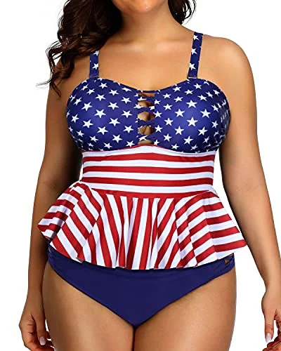 Peplum Tankini Tops Plus Size Swimsuits For Women-Us Flag Cashmere