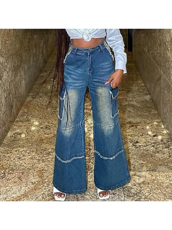 Vintage Denim Fuzzy Trim Wide Leg Jeans Street