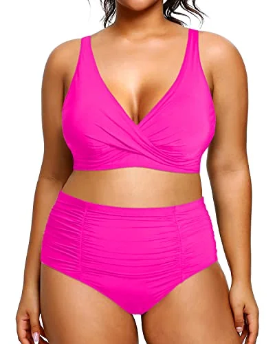 Ruched 2 Piece Plus Size Bikini High Waisted Swimsuits Tummy Control Bathing Suits-Neon Pink Sleek Women's Metallic Ruched 2 Piece Plus Size Bikini High Waisted Swimsuits Tummy Control Bathing Suits-Neon Pink Sleek Women's Metallic