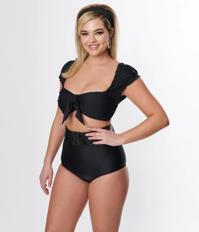 Unique Vintage Black Shirred Bow Bandeau Swim Top Disco