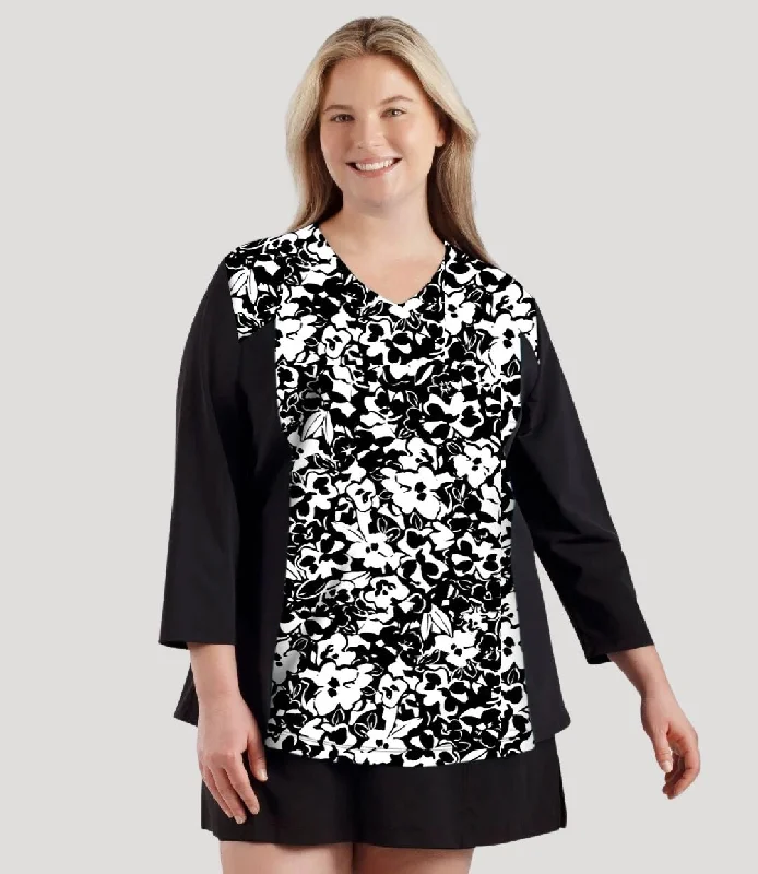QuikEnergy Lite Swim and Beach 3/4 Sleeve Top Hibiscus Black French