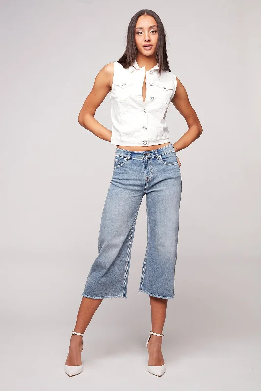 MEGHAN - Ladies 5 Pocket Wide Leg Cropped Pant - Vintage Bleach Feminine Women's Style 