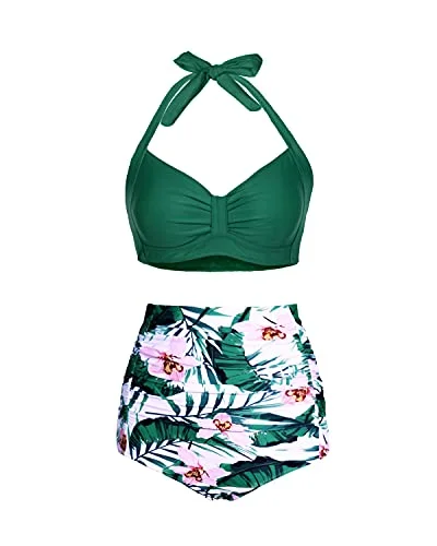 Vintage 50S Style Slimming Women's Bikini Set-Green Tropical Floral Feminine Women's Soft Vintage 50S Style Slimming Women's Bikini Set-Green Tropical Floral Feminine Women's Soft