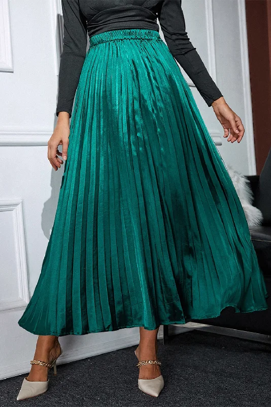 Blackish Green Satin Elastic Waist Pleated Maxi Skirt Youthful Women's Anime - inspired