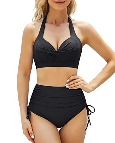 Two Piece Retro Halter Tummy Control High Waisted Bikini For Women-Black Sporty Women's Athleisure Two Piece Retro Halter Tummy Control High Waisted Bikini For Women-Black Sporty Women's Athleisure