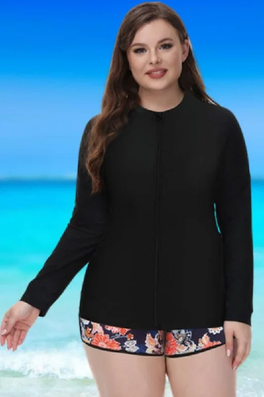 Black Long Sleeve Zip-up Jacket 3pcs Tankini Set Elegant Women's Formal 