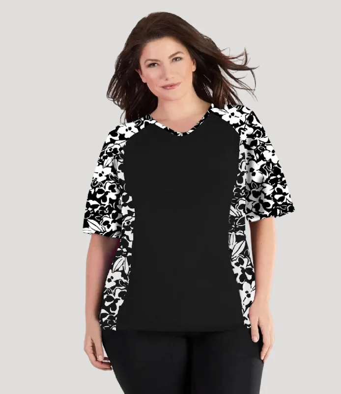 QuikEnergy Lite Swim and Beach Short Sleeve Top Hibiscus Black Sophisticated Women's 