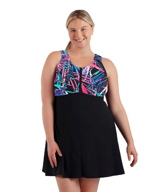 AquaSport Zip Front Swim Dress Sunset Palm Print Black Confident Women's Power