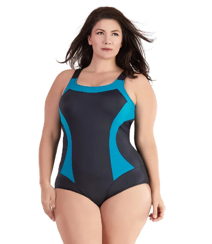 QuikEnergy Color Block Tank Suit Black and Turq Unique Women's Upcycled