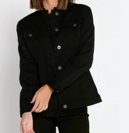 Mandarin collar jean black jacket Relaxed Women's Beachy