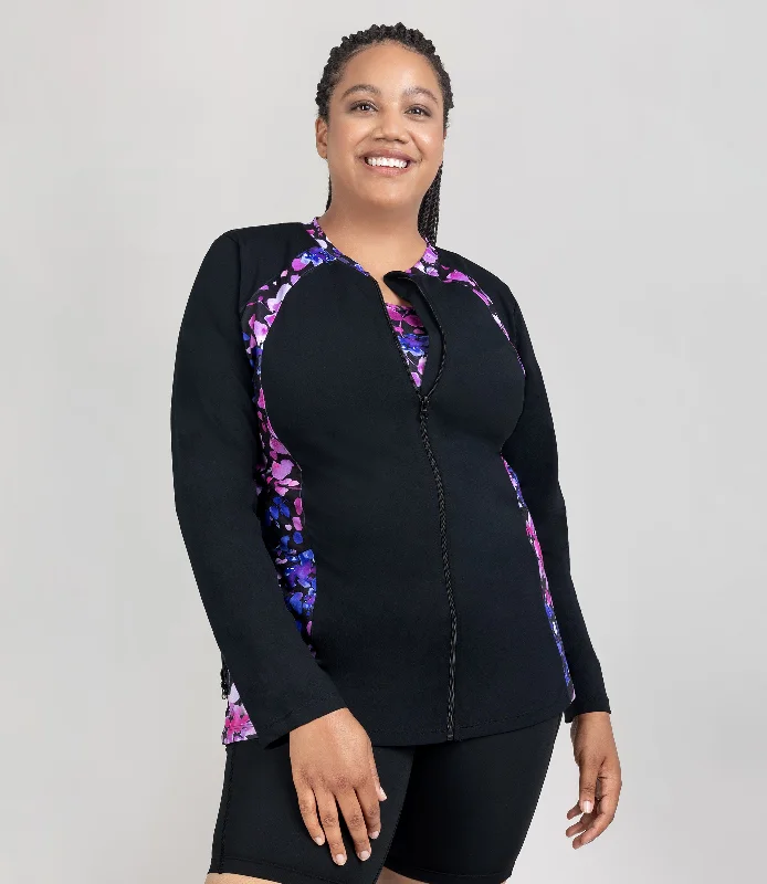 AquaSport Long Sleeve Zip Front Swim Jacket Floral Elegance Print Black Dapper Women's Bow - adorned AquaSport Long Sleeve Zip Front Swim Jacket Floral Elegance Print Black Dapper Women's Bow - adorned