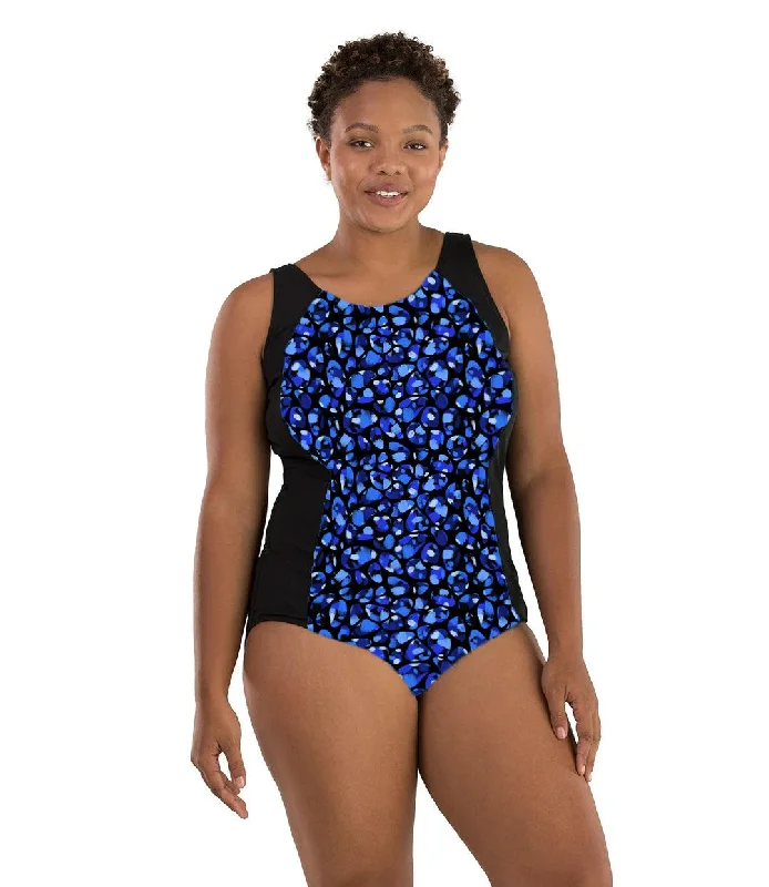 AquaSport Princess Seam Tanksuit Ocean Blues Print Black Refined Women's 