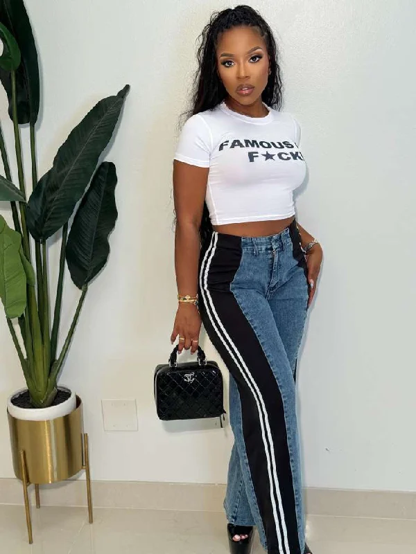 Colorblock Striped Trim Denim Straight Jeans Tough Women's Military - inspired