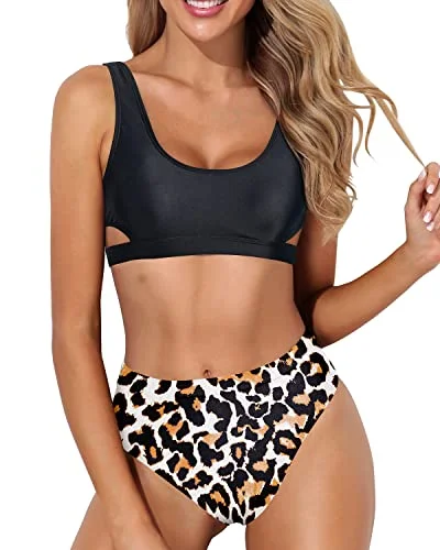 High Leg Bikini Set For Women 2 Piece High Waisted Sport Swimsuit-Black And Leopard Traditional Women's Wool High Leg Bikini Set For Women 2 Piece High Waisted Sport Swimsuit-Black And Leopard Traditional Women's Wool