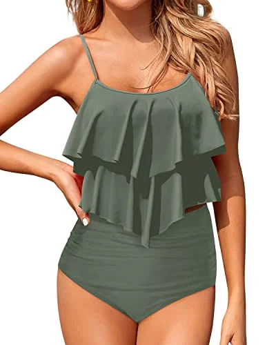 Flowy Two Piece Tummy Control Tankini Swimsuits For Women-Army Green Polished Women's Silk Flowy Two Piece Tummy Control Tankini Swimsuits For Women-Army Green Polished Women's Silk
