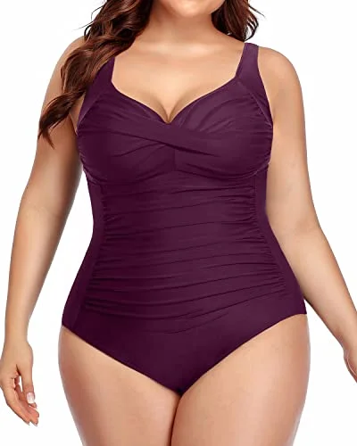 Twist Front Ruched Cross Swimsuits For Curvy Women-Maroon Compression