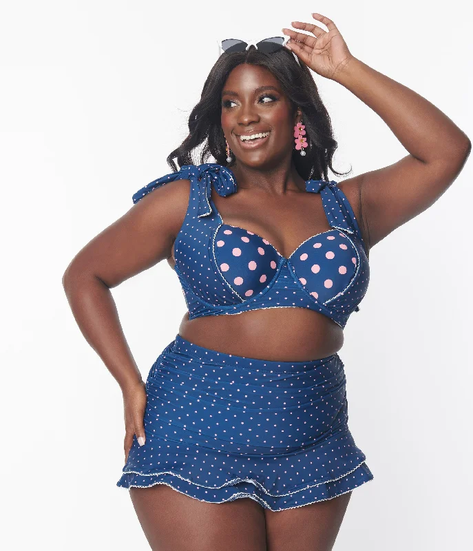 Unique Vintage Plus Size Navy & Pink Pin Dot Totally Tied Up Swim Top Sleek Women's Metallic
