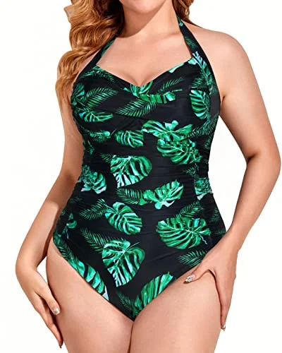 Women's Backless Style Plus Size One Piece Swimsuit-Black And Green Leaf Elegant Women's Formal Women's Backless Style Plus Size One Piece Swimsuit-Black And Green Leaf Elegant Women's Formal