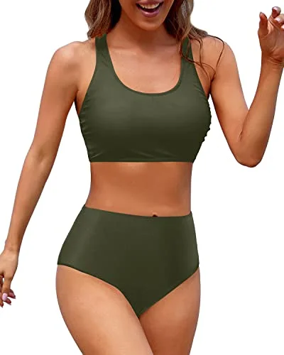 Flattering Women's High Waisted Two Piece Bikini Sports Swimsuit-Army Green Confident Women's High - fashion Flattering Women's High Waisted Two Piece Bikini Sports Swimsuit-Army Green Confident Women's High - fashion