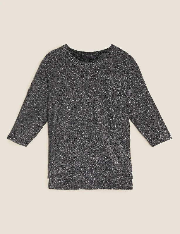Metallic Regular Fit 3/4 Sleeve Boxy Top Sleek Women's 